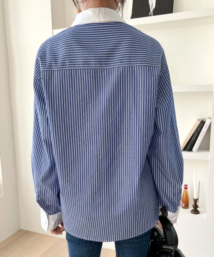 Women shirt Striped long-sleeved shirt with color contrast striped printed front button shirt comfortable casual wear everyda