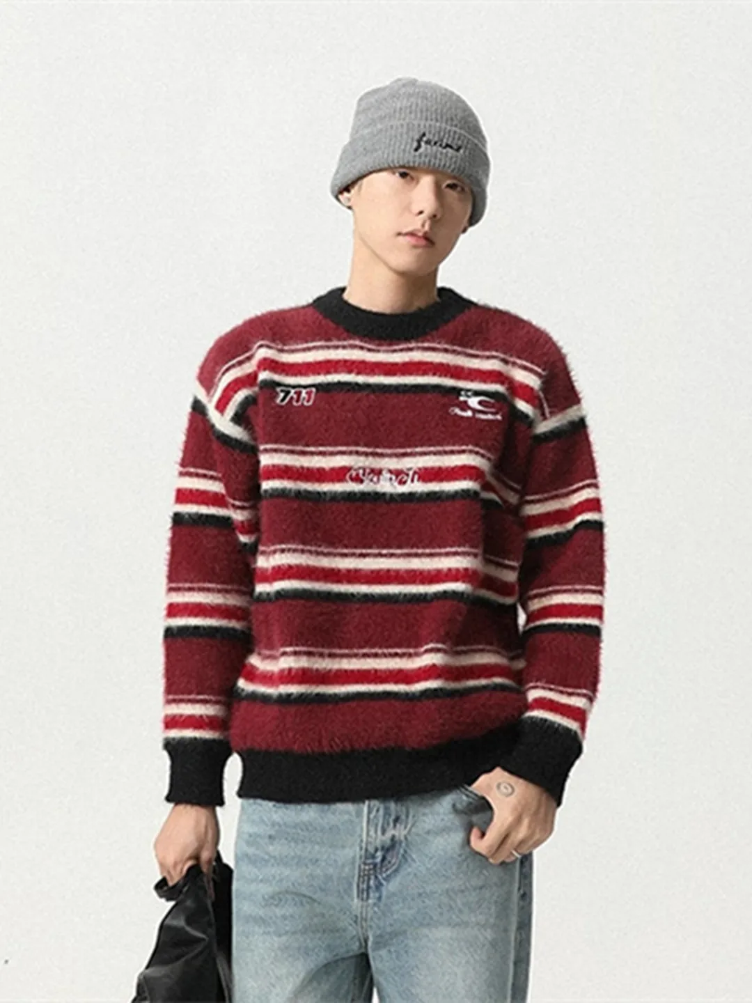 

Осень-зима, новый круглый свитер из норки в полоску с вышивкой для мужчин и женщин, свободный крой, ленивый крой, вязаный свитер, модный