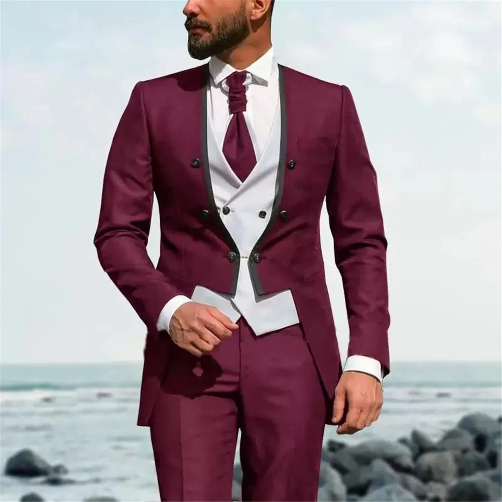 

Burgundy Groom Men Wedding Tuxedo Single Breasted 3 Pieces Set Formal Groomsman Business Suits Tailored Made Male Fashion Blazer