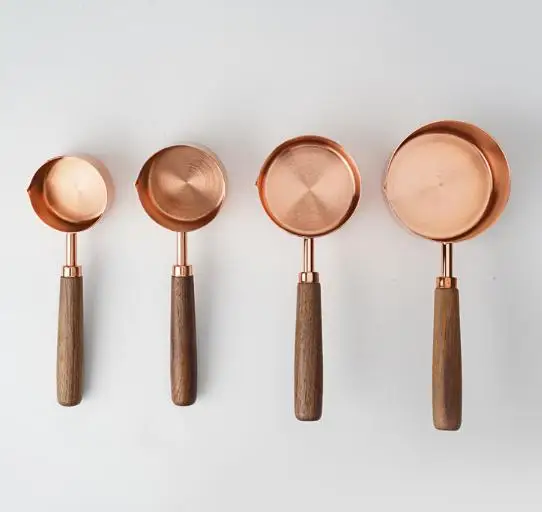 4PCS Stainless Steel Measuring Cup Set With Wooden Handle Pink Baking Tool For Kitchen Cooking Ingredient Scale Gadget