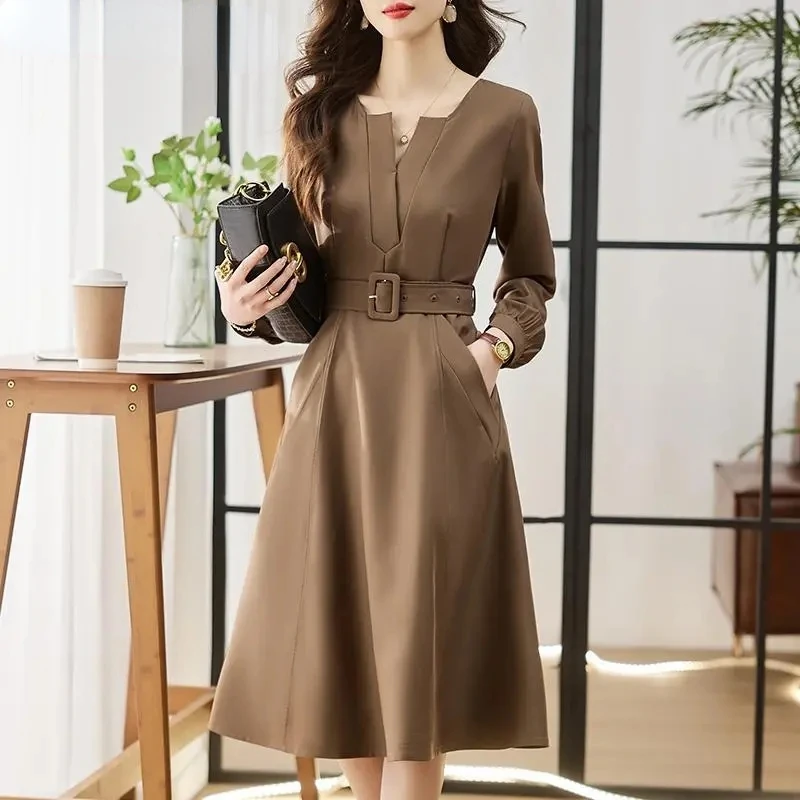 

V-neck Office Elegant Midi Dress Long Sleeve Autumn Dresses Korean Pocket Vestidos New Fashion Women A-line Elbise With Belt J83