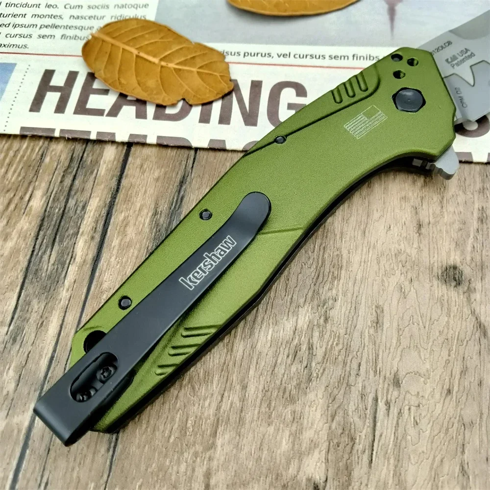 Auxiliary Fin Knife 1812OLCB, D2 Blade Olive Aluminum Handle Tactical Hunting Knife EDC Knife, Suitable for Camping, Hiking