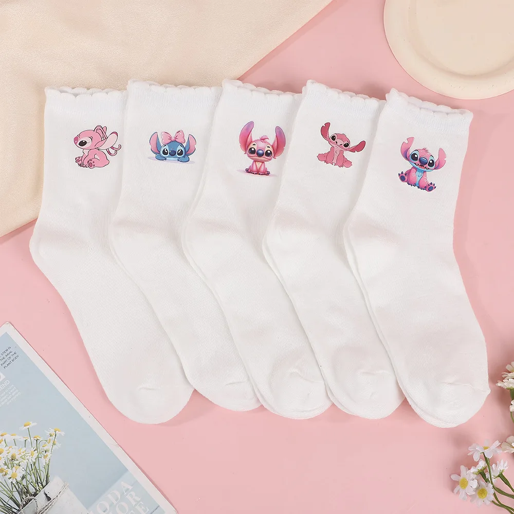 

5Pairs Disney Stitch Anime Sport Socks Cute Jumba Jookiba Cartoon Cotton Mid-tube Socks Comfortable Kawaii Gifts for Girls
