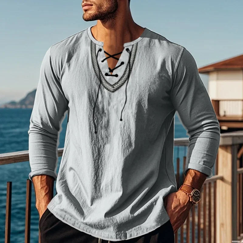 

Мужская новая рубашка с v-образным вырезом, однотонные футболки, пуловеры с длинными рукавами, блузки, повседневная рубашка свободного покроя, весенняя, слегка эластичная, сращенная, в стиле пэчворк