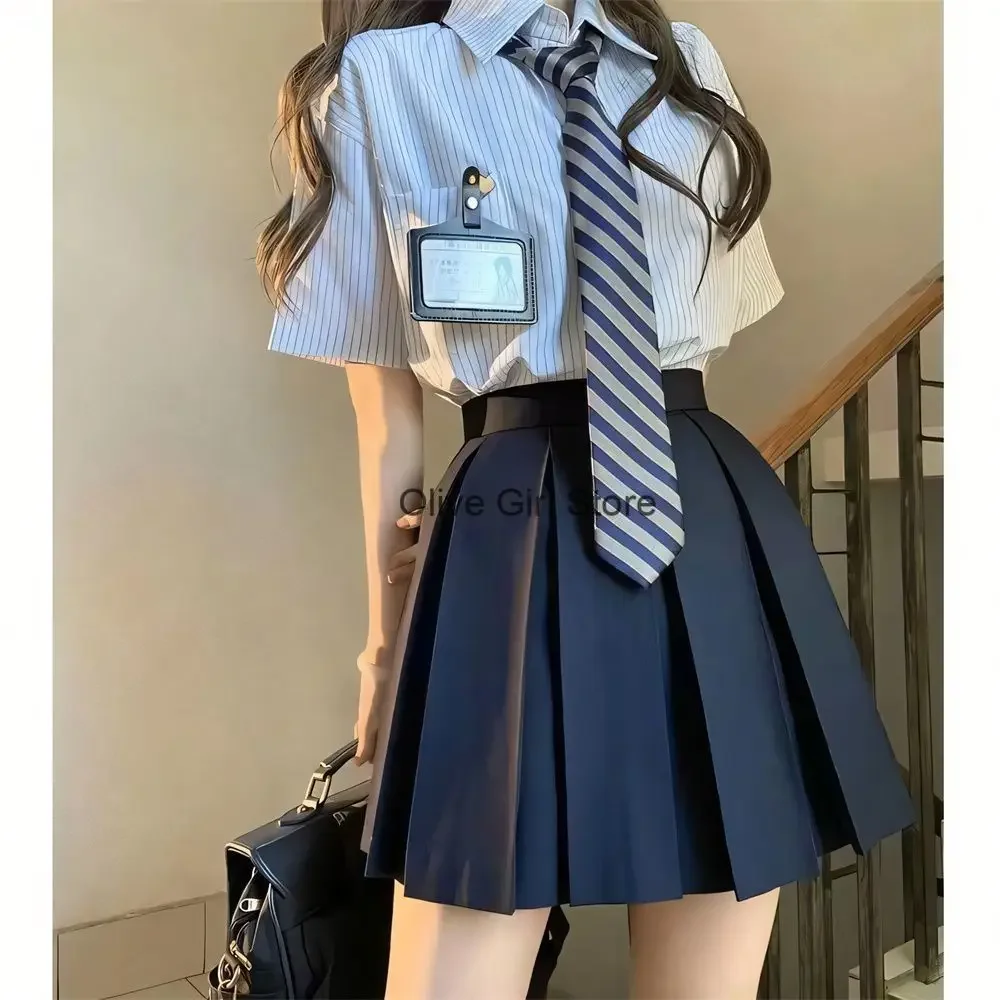 

Short Sleeved JK Uniform Striped Shirt Pleated Skirt High Waisted Women's Set 2024 Summer New Gift Tie Japanese Academy Style