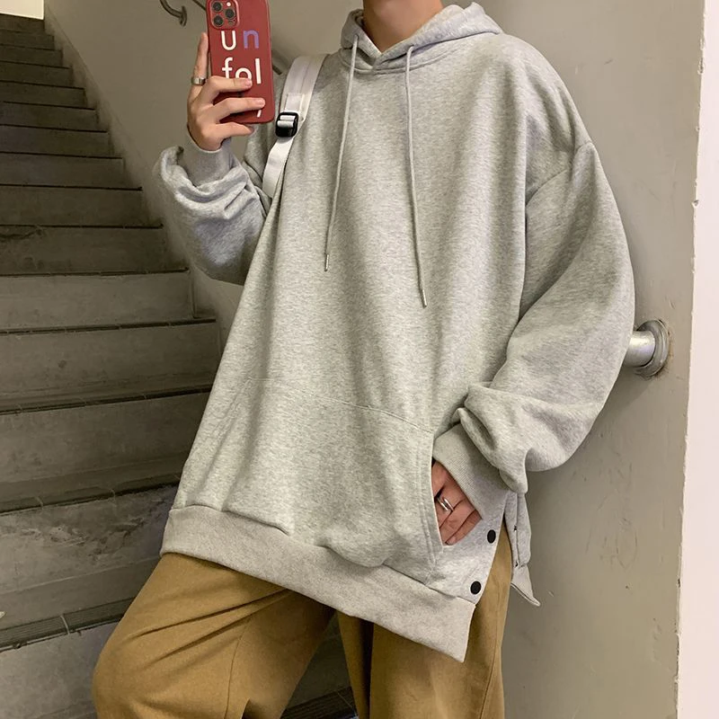 Side Slit Button Solid Simple Basic Hooded Autumn Spring Casual Long Sleeve Men Fashion Oversized Retro Large Size Sweatshirts