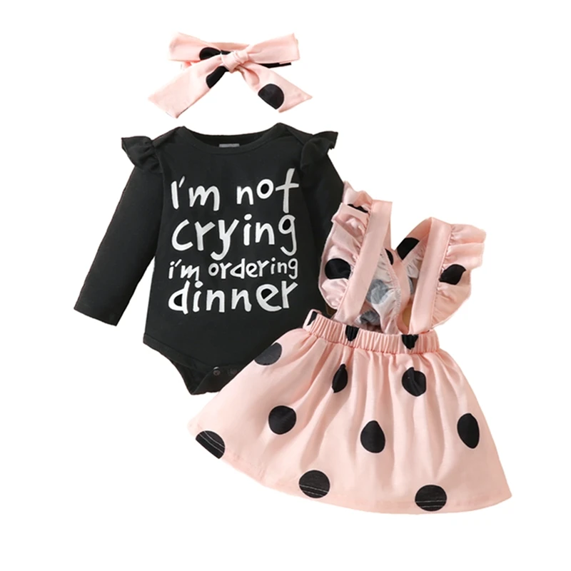 

Newborn Infant Baby Girl Clothes I m Not Crying I m Ordering Dinner Polka Dot Suspender Skirt Overall Dress Headband