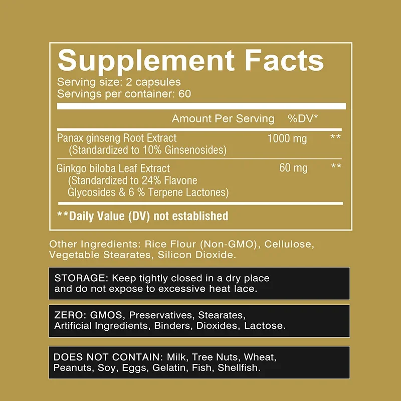 Panax Ginseng + Ginkgo Biloba Capsules - Promote Endurance Focus & Performance