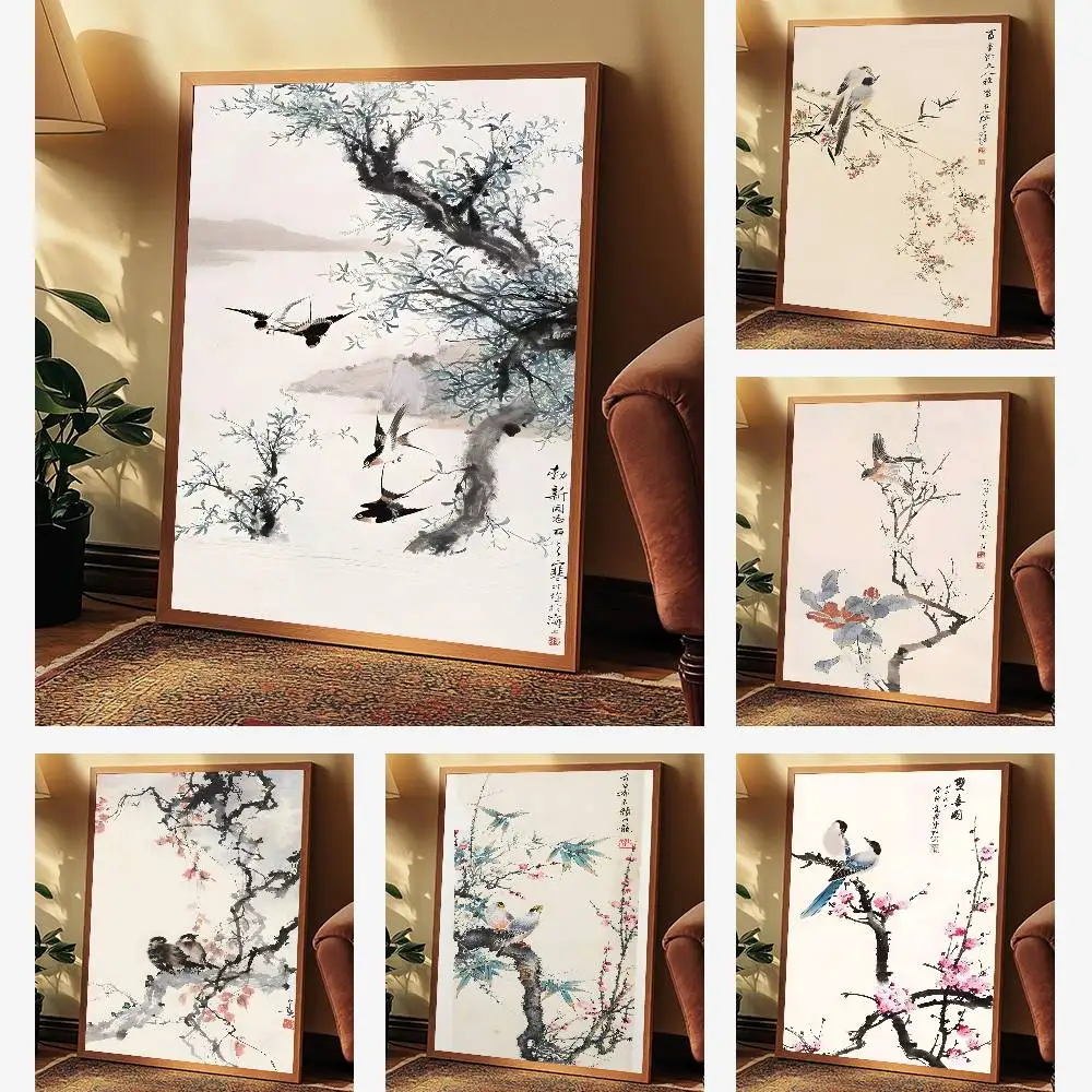 1pc frameless ChineseStyle Flower Green Plants Birds Poster Art With Prints Home Bedroom Living Room Decoration Gift