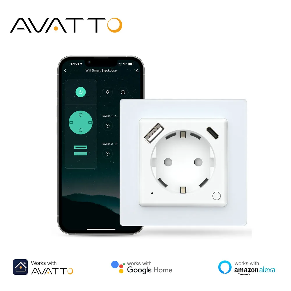 

Умная настенная розетка AVATTO Tuya WiFi с быстрой зарядкой PD20W (USB/Type-C), мониторингом энергопотребления, совместимая с Alexa и Google Home