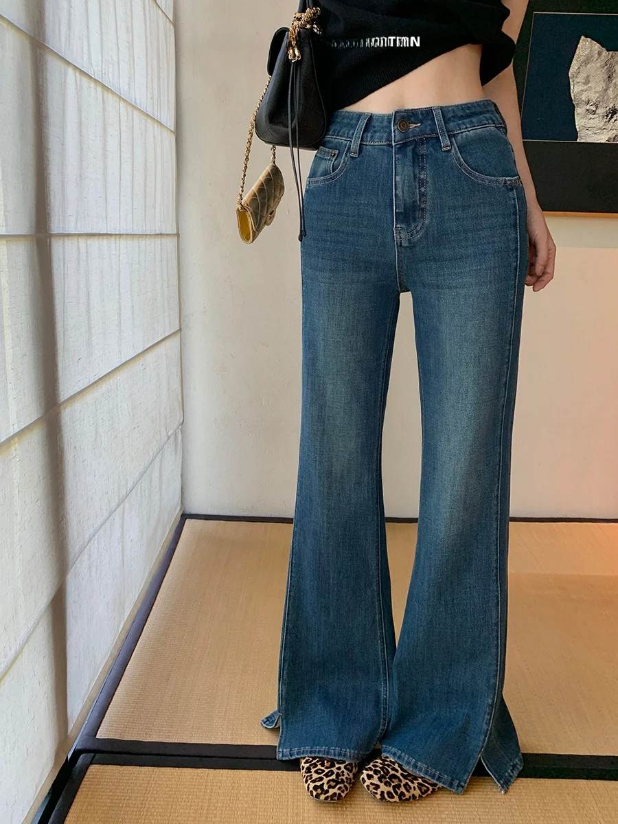 MUKOK Retro Flared Denim Jeans Elastic Slimming Pants High Waist Cotton Straight Leg Blue Long Trousers for Women