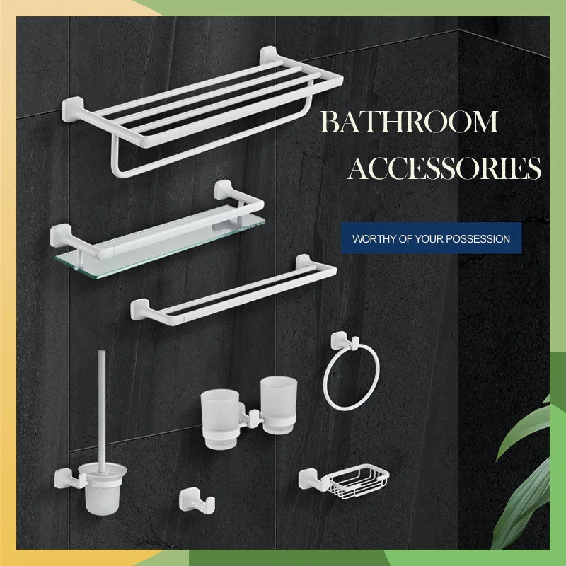 

Matte White Towel Bar, Tissue Rack, Coat Hook, Toilet Brush, Soap Basket, Towel Ring, Double Cup, Bathroom Pendant Set.