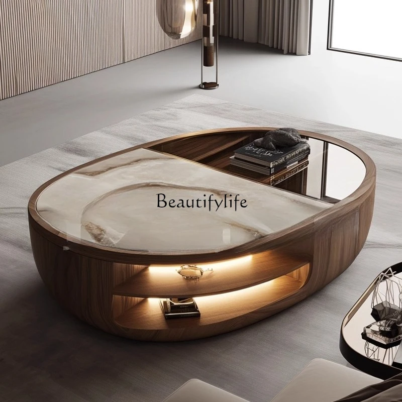 

Modern Light Luxury Home Coffee Table Rock Plate Walnut Wood Oval Coffee Table