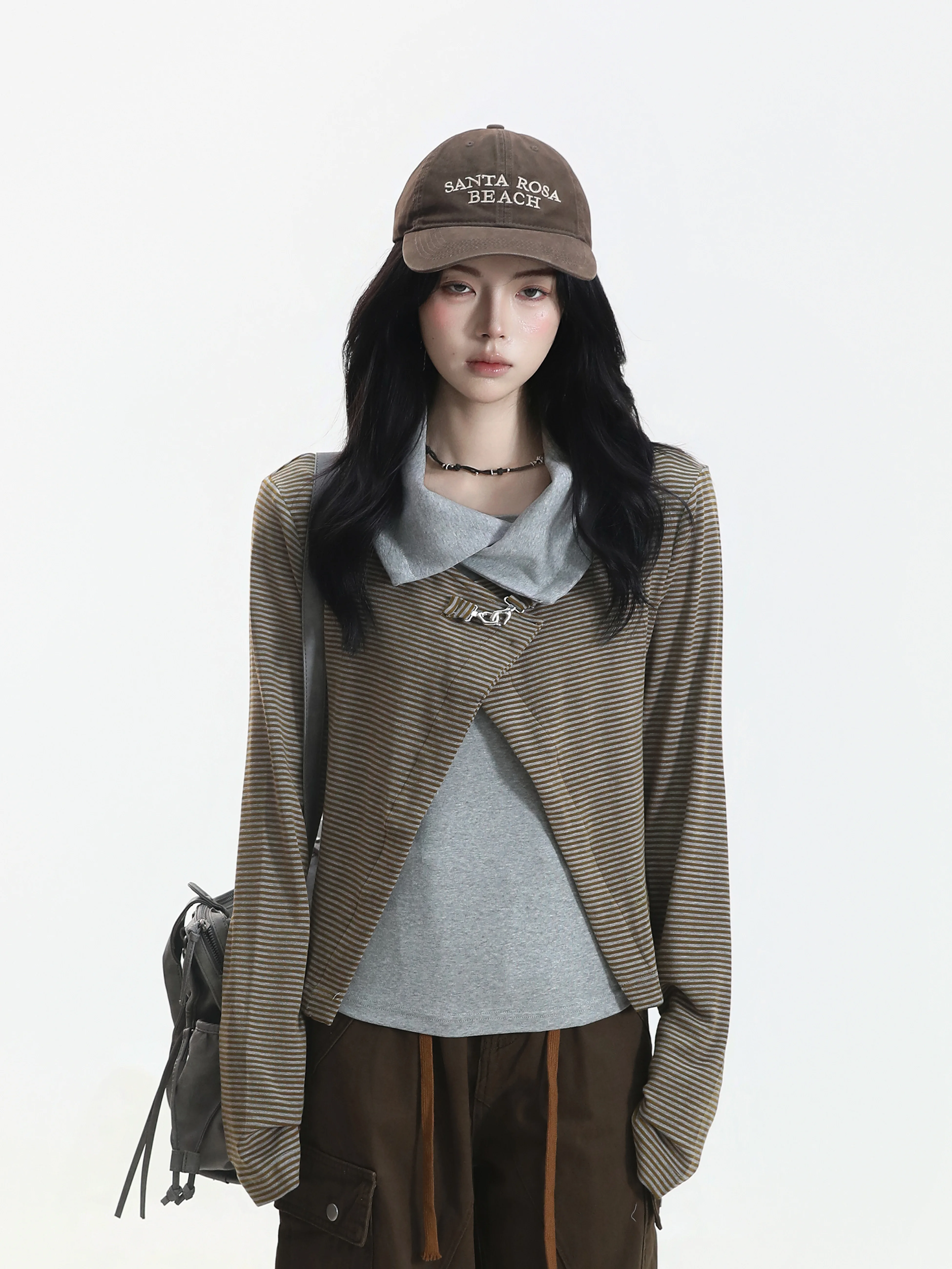 American Retro Long Sleeve Slim Fit T-Shirt Striped Color Block Cardigan Outerwear Casual Style for Ladies Breathable Comfort...