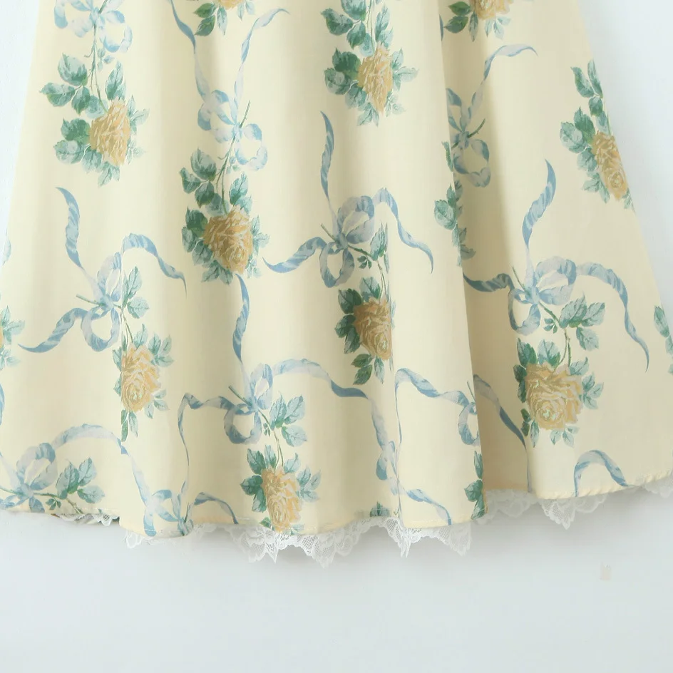 Ele Floral Lace Splice Slimming Long Gown for Women Summer Season High Waist A-Line Skirt Print Design No Brand Registered