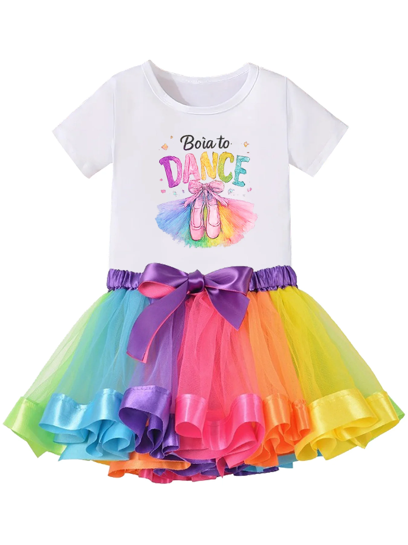 Regenbogen-Tutu-Kleid-Set für Mädchen mit Aufdruck „Born to Dance“, kurzärmliges T-Shirt + bunter Tüllrock, Kinder-Ballett-Tanzkleidung, Prinzessin Bi – Detail 2