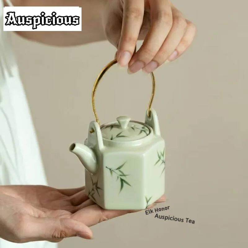 

150ml Hand-painted Bamboo Tea Pot Ceramic Hexagonal Loop-handled Pot Tea Brewing Kettle With Filter Zen Tea Making Teaware Gift