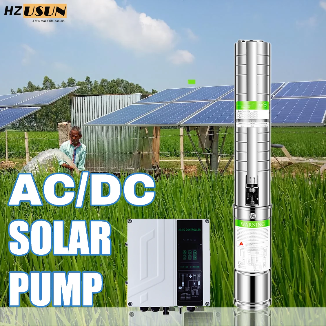 HZUSUN AC DC 2 HP 4 Inch Submersible Drill 200 Ft Deep Well Pump for Crop Irrigation Solar Powered Borehole Centrifugal Pump Kit