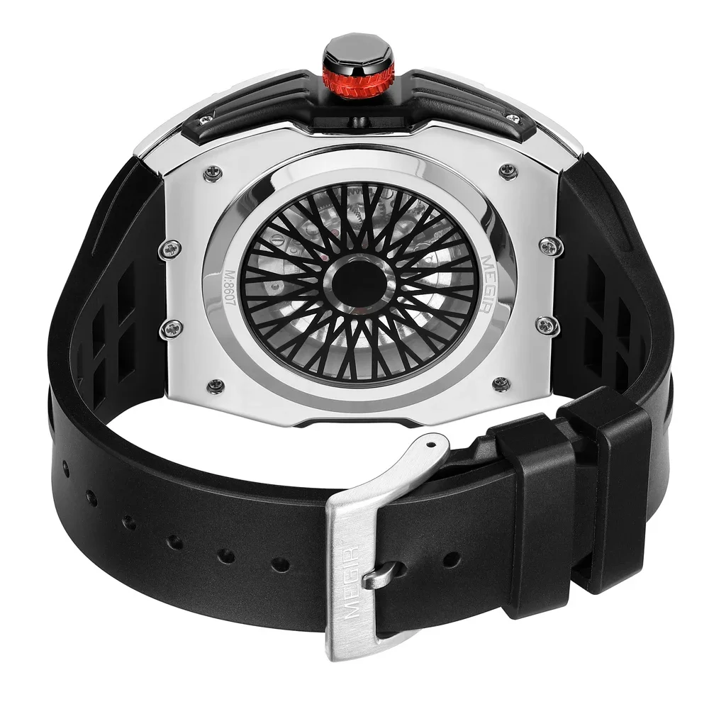 MEGIR Premium Hollow Skeleton Automatic Mechanical Men Watch Luminous Chronograph Waterproof Tonneau Wristwatch Reloj Hombre