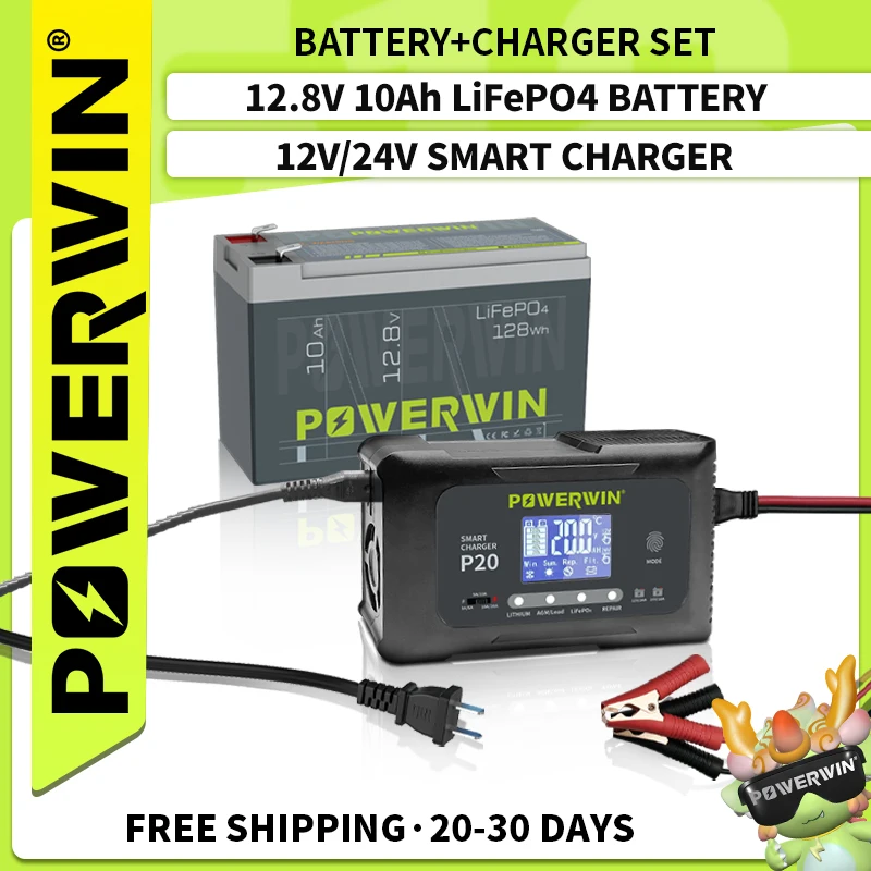 

POWERWIN BT10 LifePO4 12V 10Ah/128Wh P20 20A, 12V20A, 24V10A Smart Charger Automatic LCD AGM Lead-Acid Lithium Pulse Repair