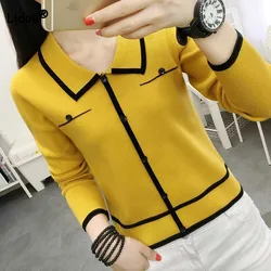 Elegant Women's Contrast Color Button Spliced Sweaters Autumn Winter Fashion All-match Long Sleeve Knitted Tops Female Clothing