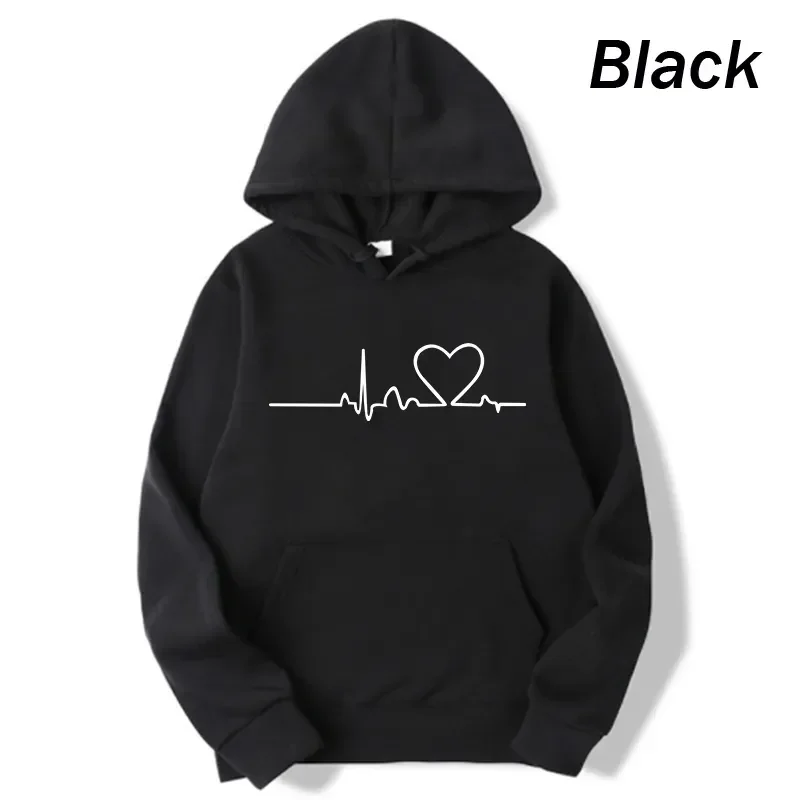 New Women Casual Hoodies Autumn/Winter Heartbeat Print Men Loose Hoodies Couple Sweatshirts Ladies Hooded Tops Streetwear