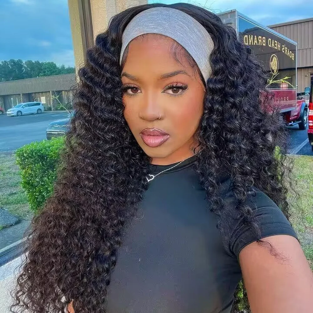 

Geeta Deep Wave Повязка на голову Парик Бесклеевые парики Человеческие волосы Готовые к ношению Глубокие вьющиеся бразильские парики 100% человеческие волосы для чернокожих женщин