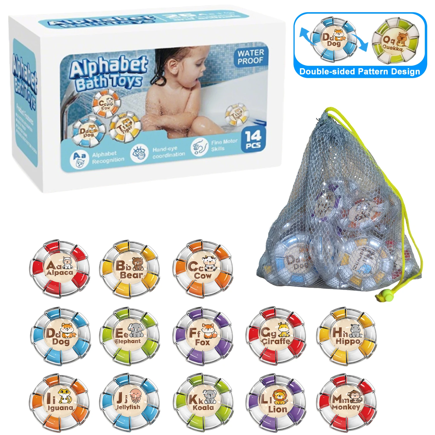 Jouets de bain Alphabet, 13 pièces, mots d'identification des animaux, apprentissage de la A à Z, lettres supérieures et inférieures, reconnaissance des couleurs, comptage du motricité Fine