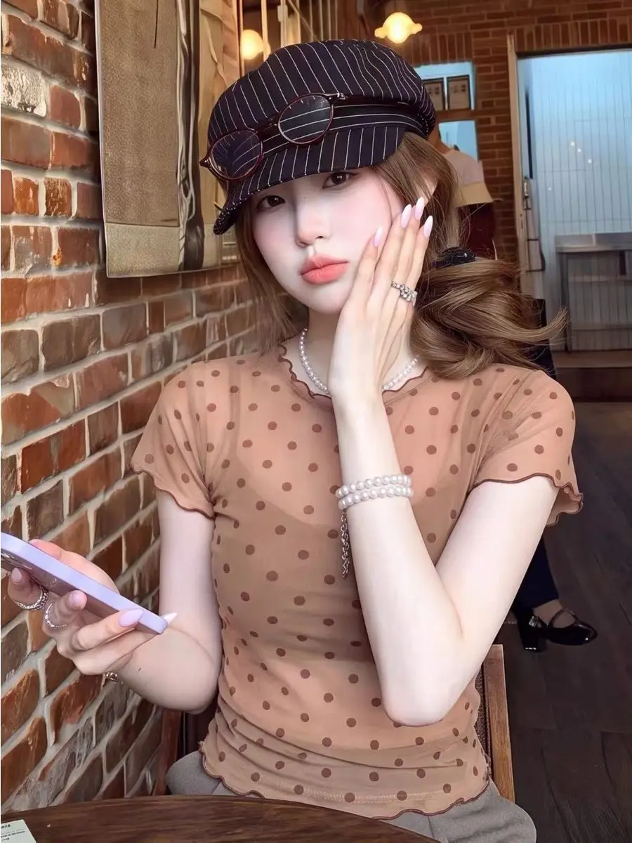 Korean Style Polka Dot Mesh Short Sleeve T-Shirt Women's Summer Beautiful Slimming Design Breathable Light Weight Top