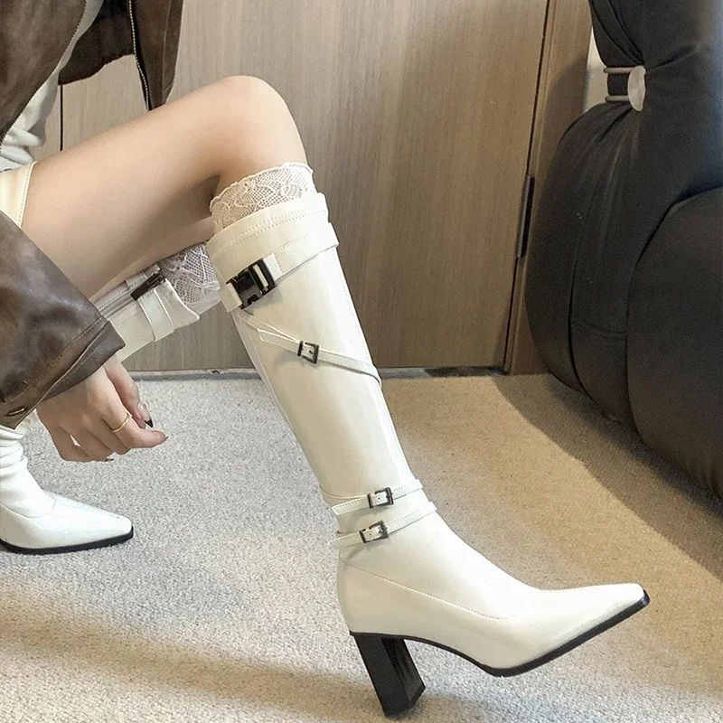 

Winter Street Style Pointed Toe Woman Knee-High Boots Belt Buckle Zipper High Heels Long Booties Shoes