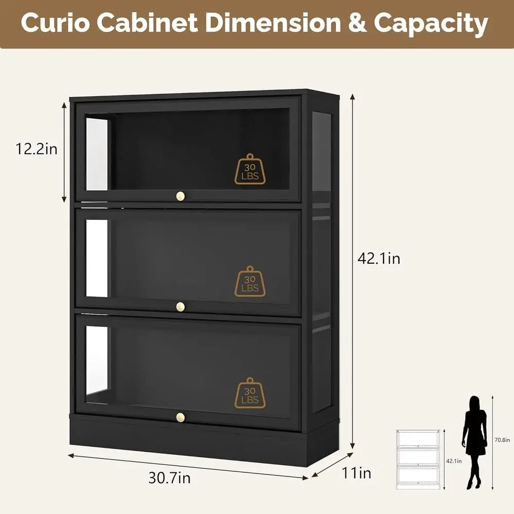 Display Cainet with Acrylic Glass Do,3-Tiers Curio Cainet with LED Lighting or Collectiles, Collectiles Toy Organizers Rack & Di