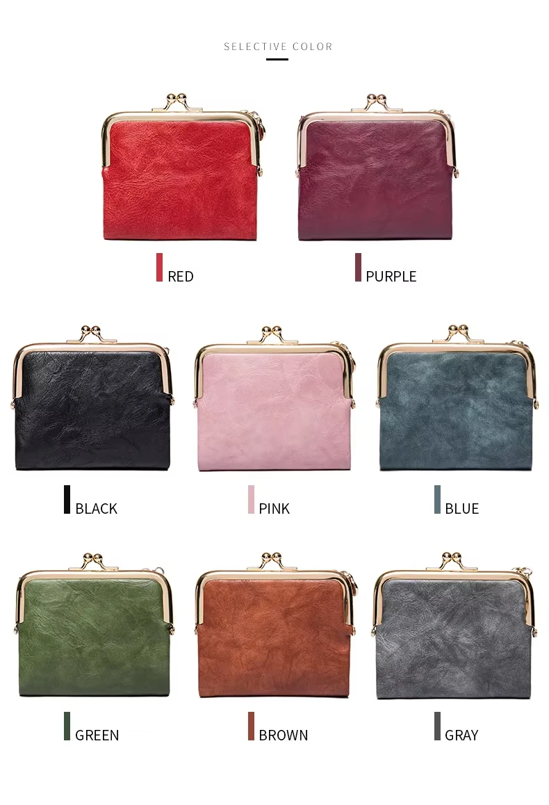 

New Clip Women's Retro Multi-Functional Double Fold Leather Wallet with Multiple Card Slots Zipper & Kiss Lock Card Bag