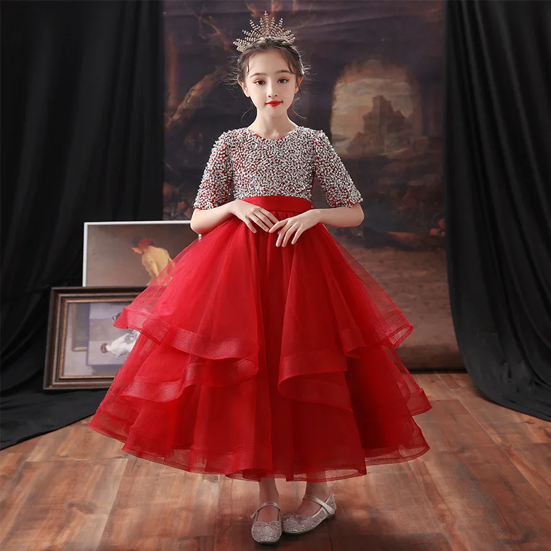 Girls Elegant Luxury Sequin Dress Teen Girls 12 Years Off Shoudler Party Gown Little Kids Tulle Formal Cocktail Dresses High Low