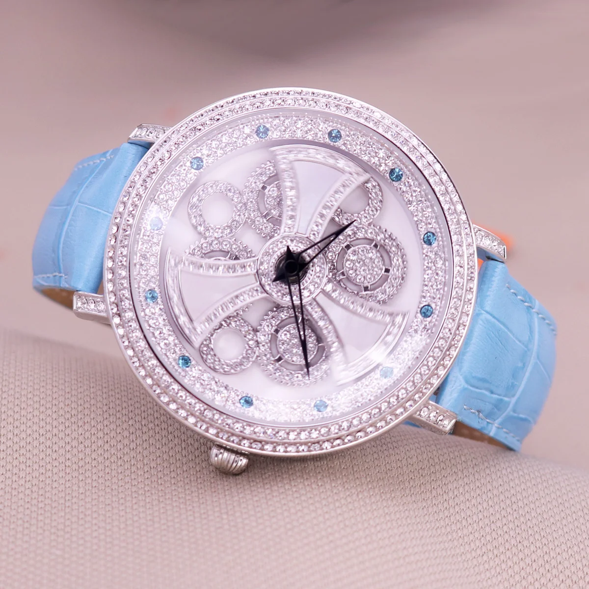 

Davena Lady Women's Watch Roate Crystal Rhinestones Hours Fashion Real Leather Bracelet Luxury Girl's Birthday Gift Box