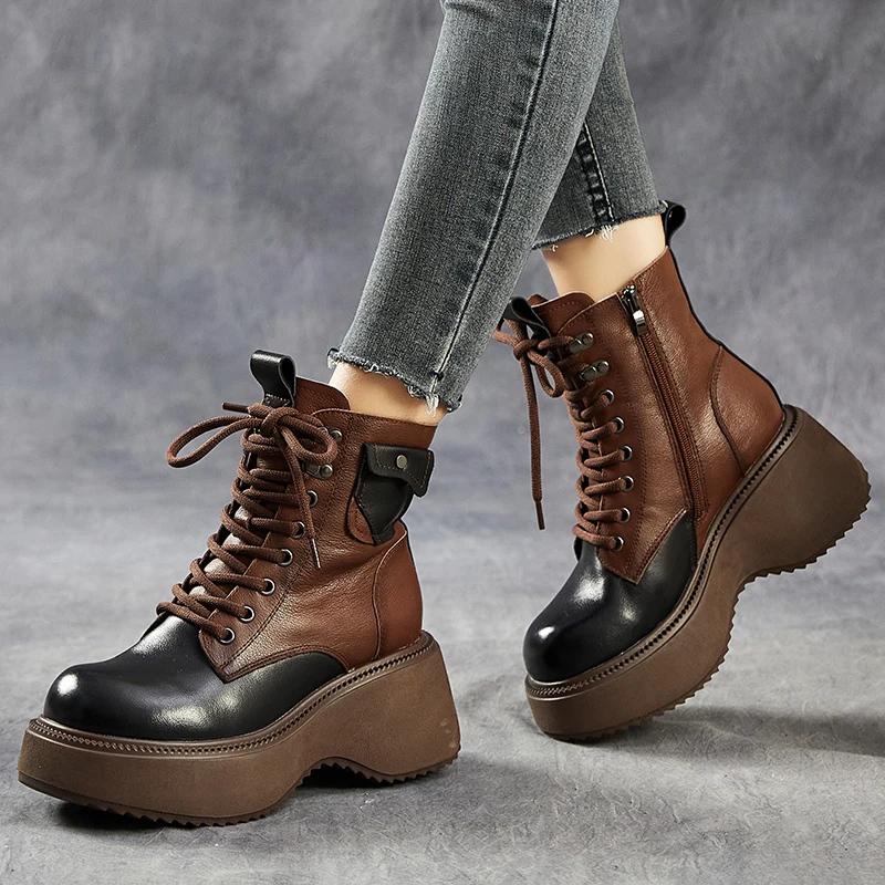 GKTINOO Platform High Heel Boots Genuine Leather 2024 Winter Thick Soled Mixed Colors Round Toe Women Plush Short Boots