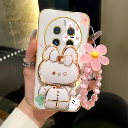 Flower Strap Rabbit Makeup Mirror Phone Holder Case On For Oppo Realme 12 Pro Plus Realme12 Luxury Girl Woman Stand Cover