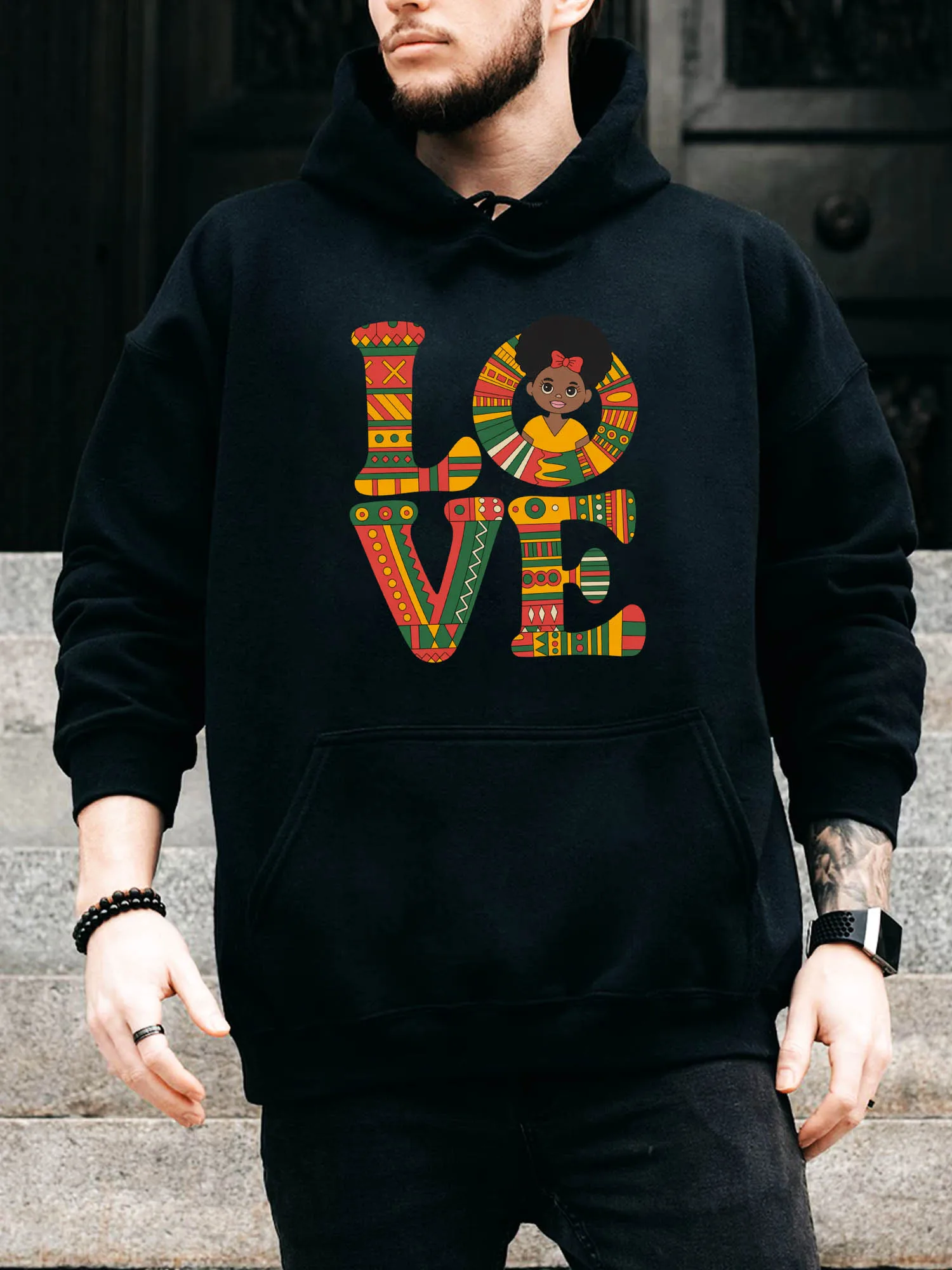 سترة بغطاء للرأس برباط للرجال من Afro Juneteenth Love - بلوفر أسود مريح كاجوال، سترة بغطاء للرأس للخريف والشتاء #1