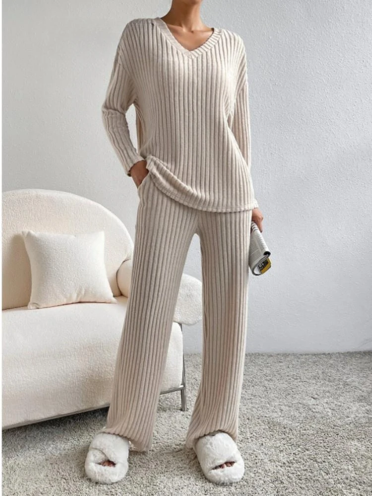 Women Winter Pajamas 2 Piece Sets Long Sleeve V-neck Knitted Home Clothes Elastic Waist Loose Pants Solid Female Suit