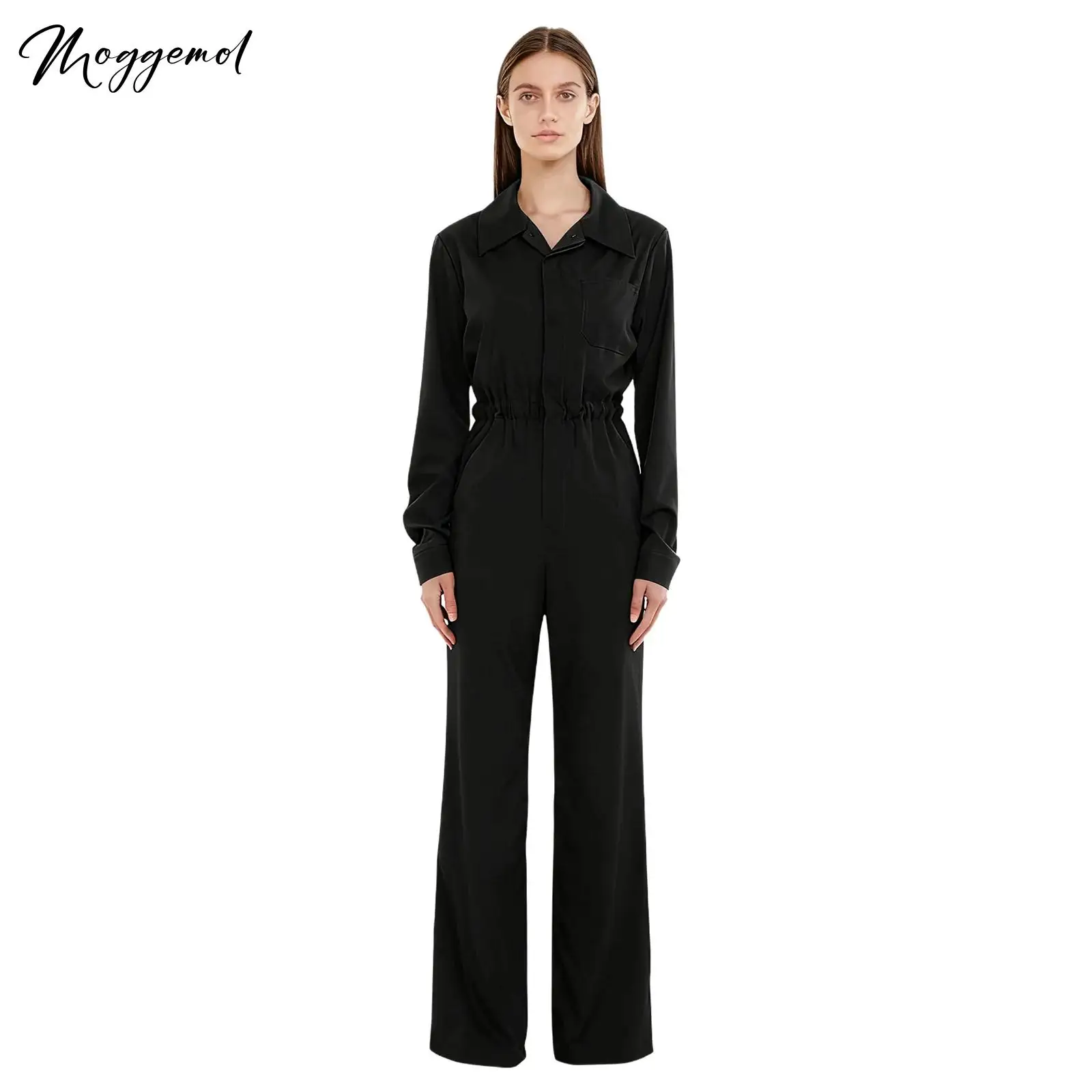 بدلة قفز نسائية كاجوال بلون سادة وياقة مقلوبة وأكمام طويلة قطعة واحدة زي عام لعمال ورشة العمل