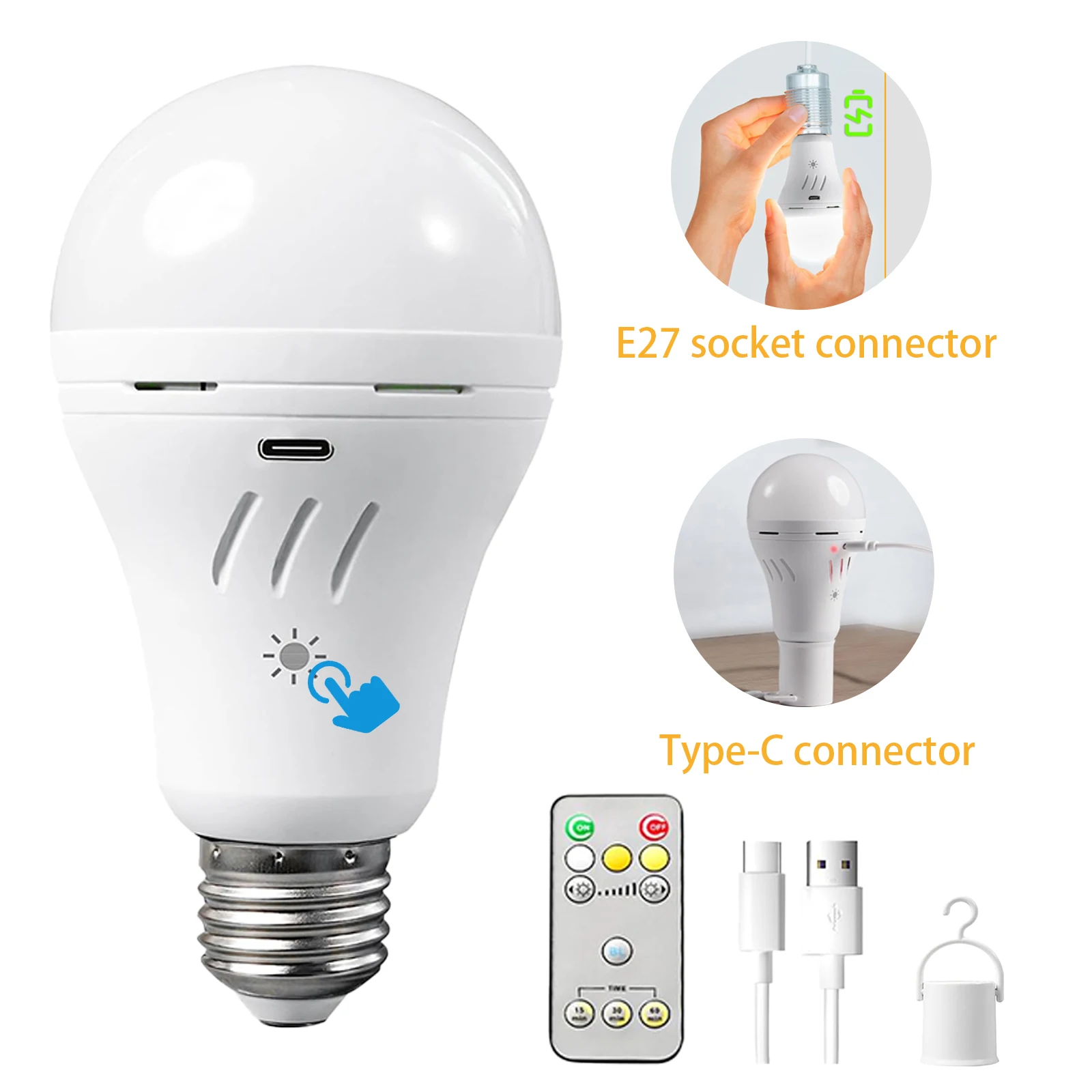 

USB-C battery remote control light bulb E27 rechargeable timing light bulb 7w smart battery2200mah suitable for home