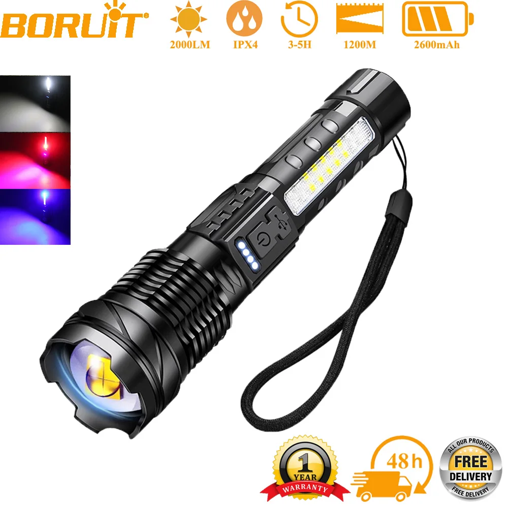 BORUiT 30W Powerful LED Flashlight 2000LM 1200m USB Rechargeable Portable Telescopic Zoom Torch With Side Light Built-in Battery
