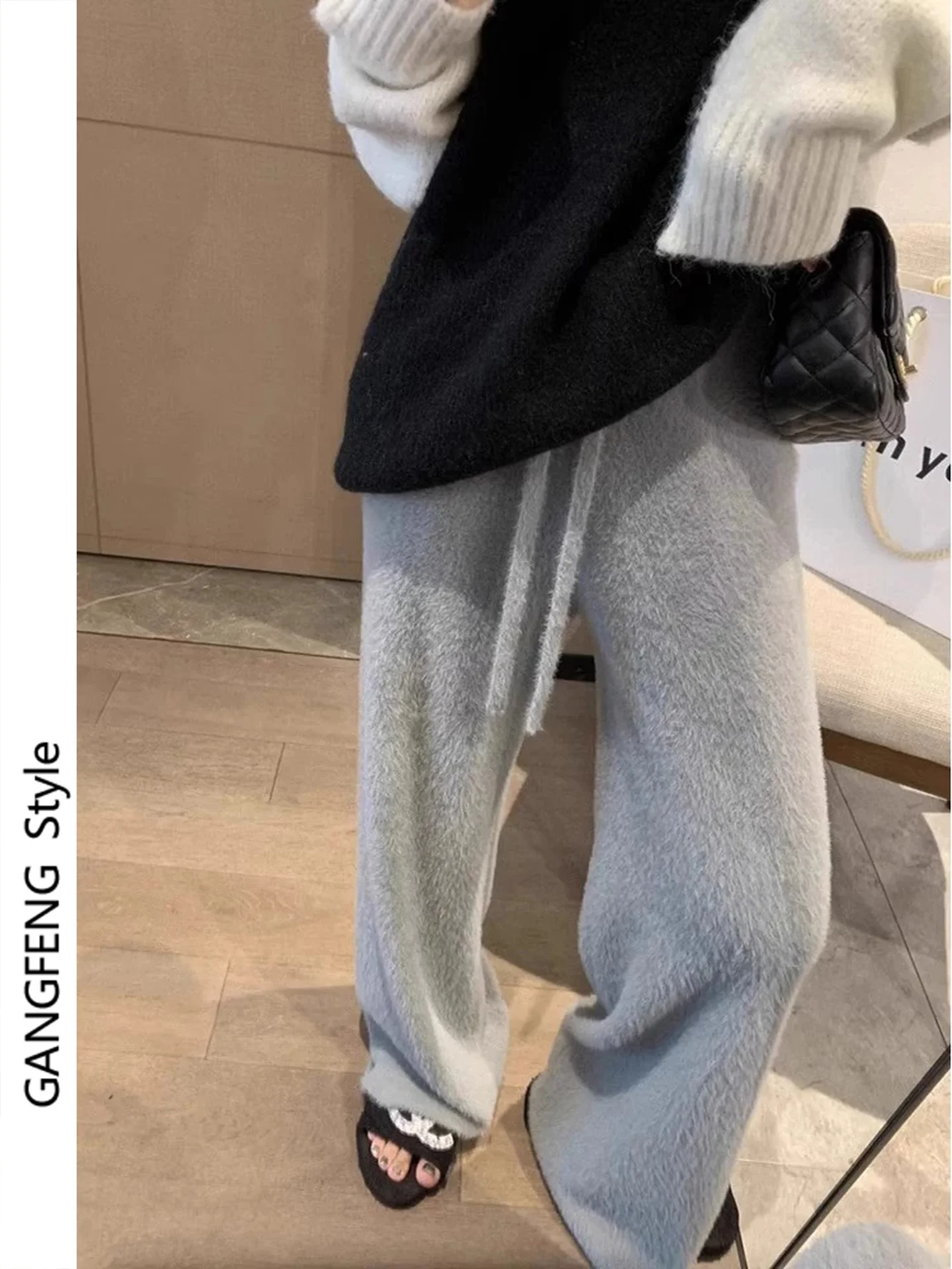 Thickened Knitted Mink Velvet Wide Leg Pants Draped Soft Casual Versatile Long Straight Pants Commute Style High Waist Elasti...