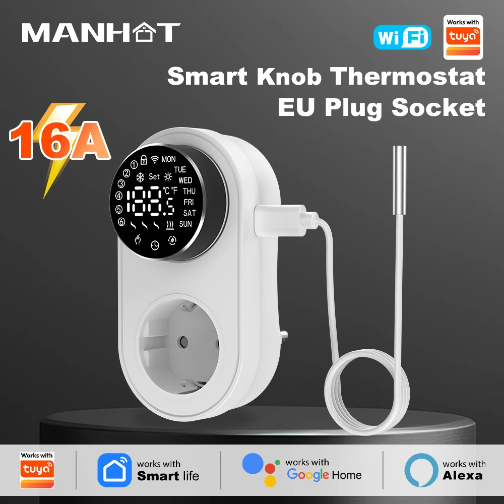 MANHOT Wifi Smart Plug-in Knob Thermostat with LED knob screen NTC Sensor Programming Mode Temperature Control With Smart Life