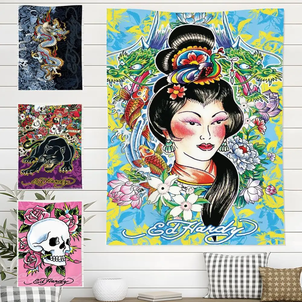 Fashion E-Ed-D_Hardy LOGO Tapestry Bedroom Living Bar Garden Outdoor Microfiber Festival Decoration Background Art