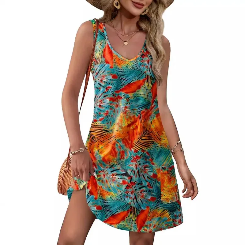 

Women's Skirt Summer Beach Loose V-neck Sleeveless Printed Dress Vest Skirts
