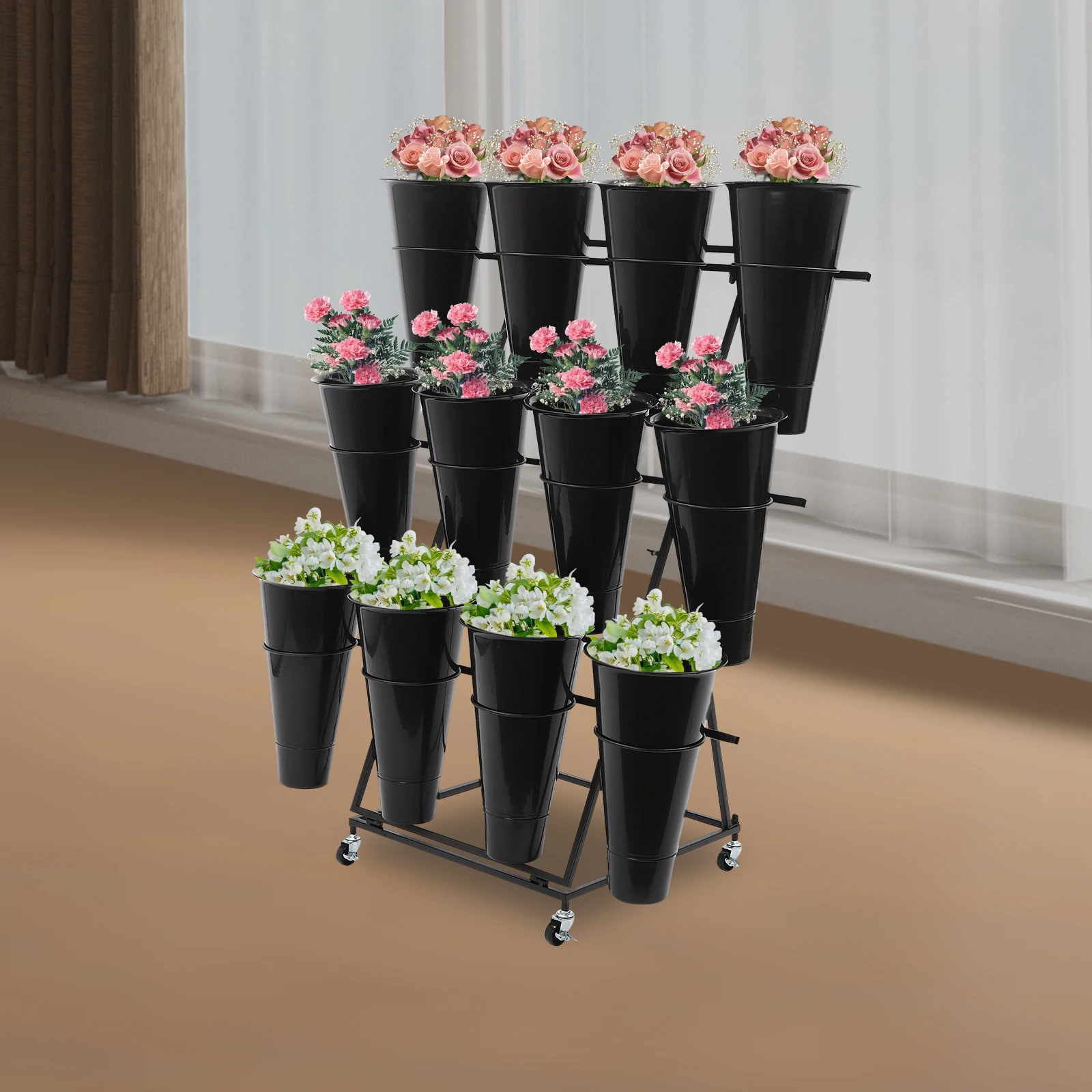 3-Tier Flower Holder Flower Display Stand with 12 Pieces Buckets 30kg Load Capacity for Homes/Florists/Gardens/Weddings image 5