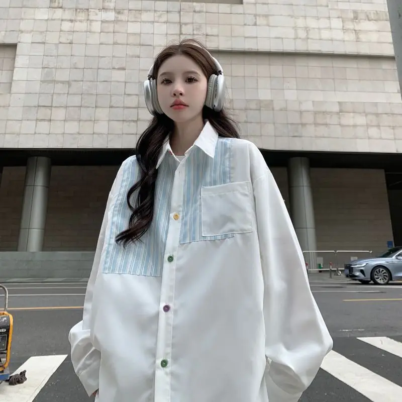 

Retro Patchwork Couple Long Sleeve Casual Shirt Button Elegant White Shirt Polyester Fiber Loose Fit Basic Style