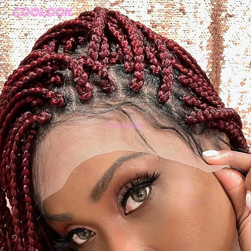 1BBurgundy 36 "Wig Sintetis Kepang Cornrow Wig Kepang Renda Penuh untuk Wanita Kulit Hitam Wig Kepang Kotak Tanpa Simpul