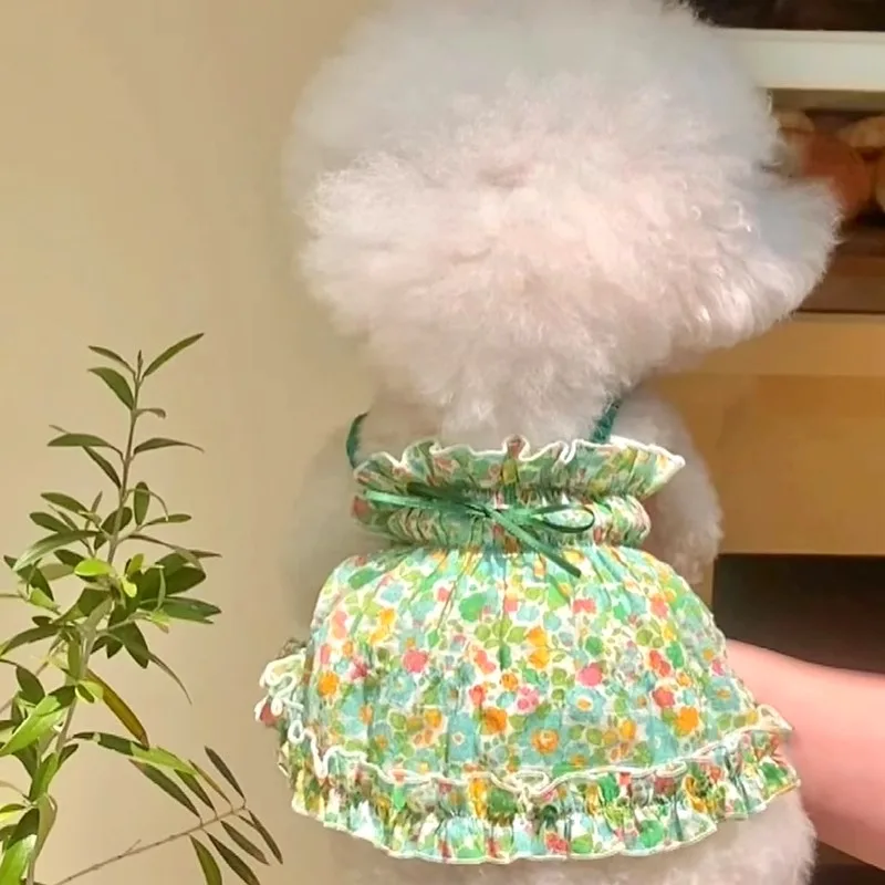 

Rustic Floral Puppy Halter Pet Pretty Clothes Summer New Skirt Bichon Frise Green Floral Vest Female Dog Princess Skirt