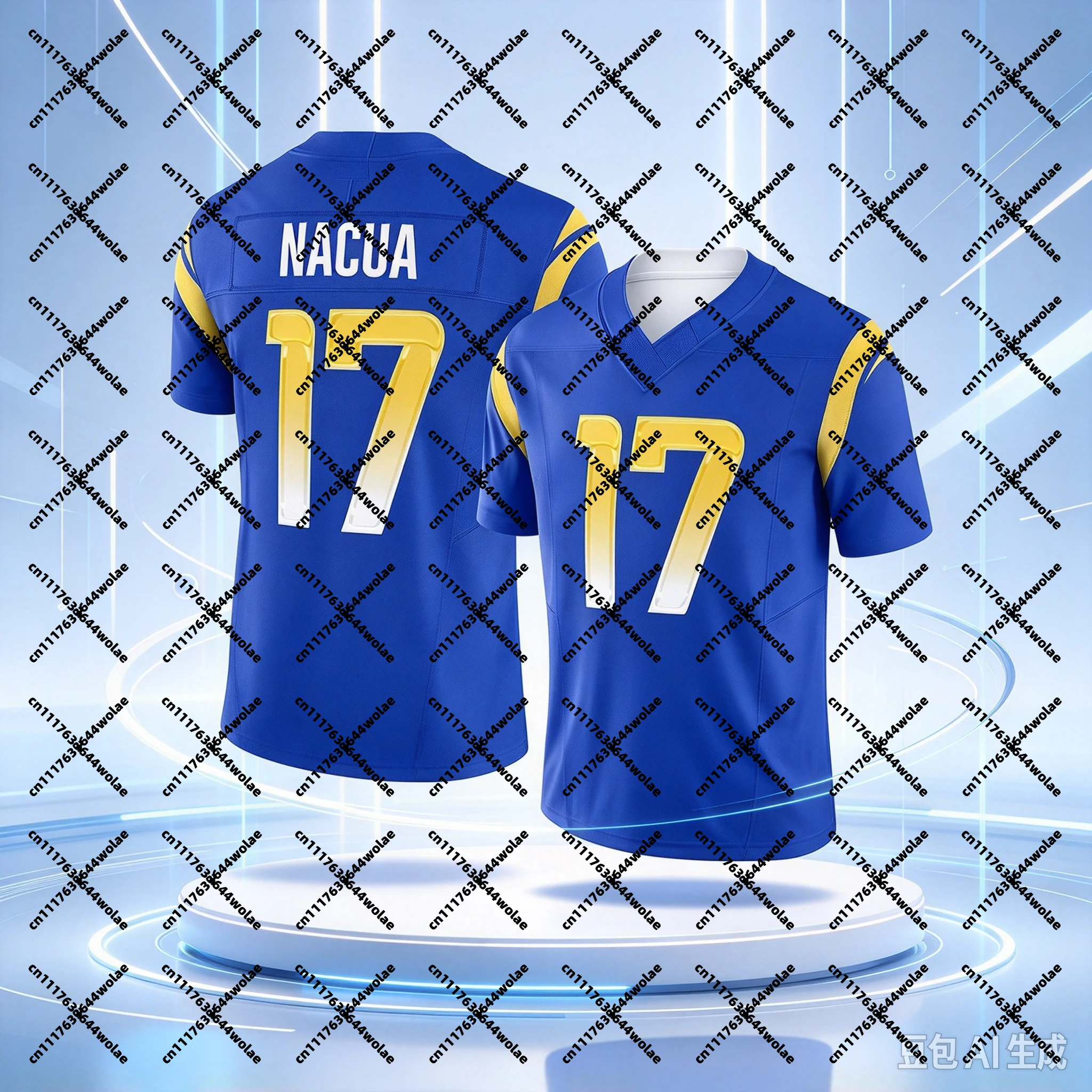 New Men's #17  American Football Jersey V‑Neck Short Sleeve Sport Tops Fan Uniform Blue Yellow for Adult Family Matching